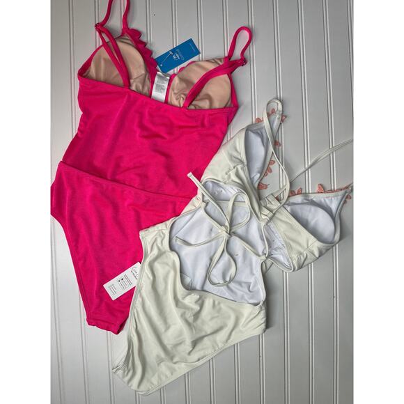 NWT Cupshe One-Piece Swimsuit Coconut Milk Lace-Up & Pink Scalloped Bundle Sz S - Picture 3 of 7